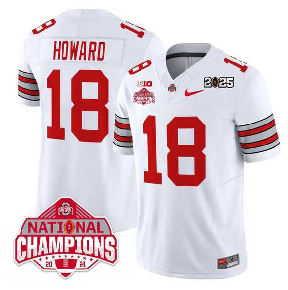 Mens Ohio State Buckeyes #18 Will Howard White 2025 CFP Final With National Champions Patch F.U.S.E. Vapor Limited Stitched Jersey Dzhi